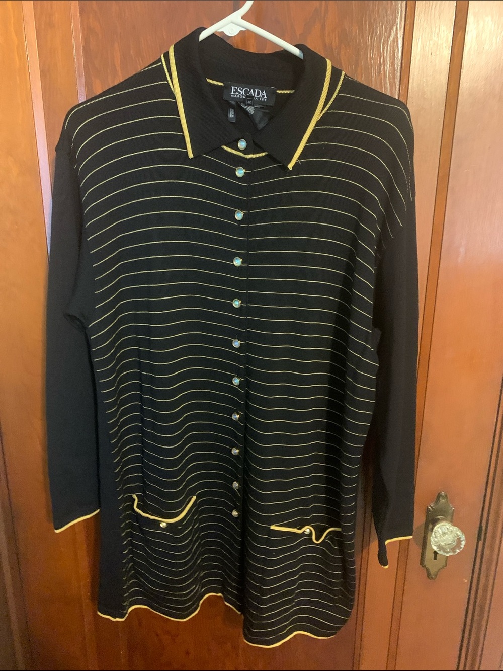 Escada Black Longline Button Jacket with Yellow Trim